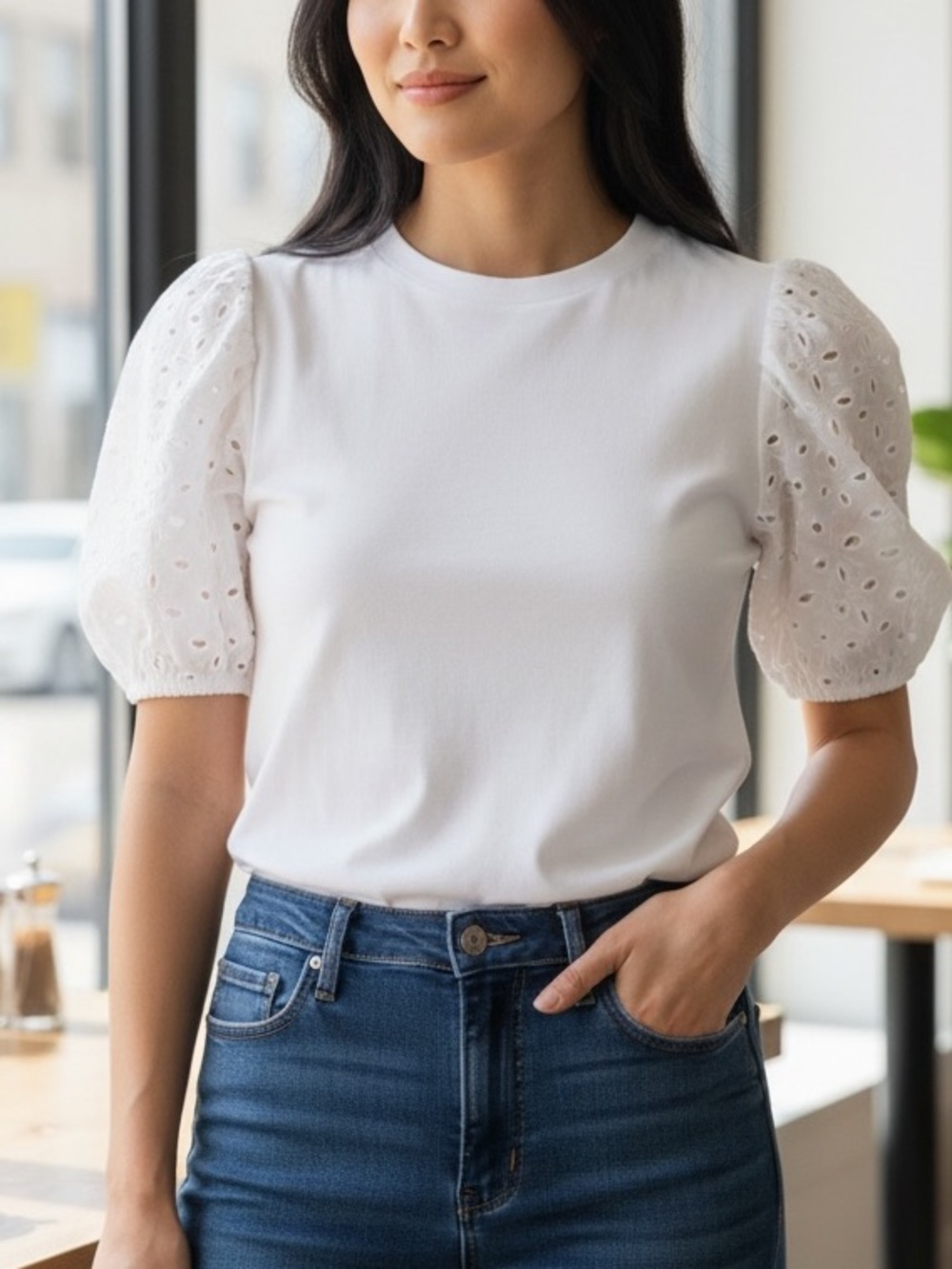 Express White Eyelet Puff Sleeve Short Sleeve Tee